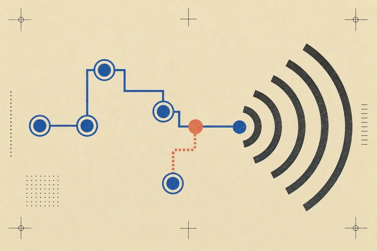 A precise cobalt path connects focus nodes, splits at a coral divergence, and expands into dark announcement arcs.